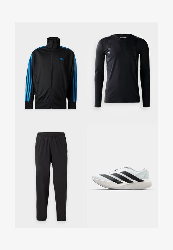 Jachetă sport neagră cu fermoar, cu guler înalt, dungi albastre pe mâneci și mic logo Adidas albastru pe pieptul stâng.; Cămașă sport lungă neagră, realizată dintr-un material neted și elastic. Prezintă accente negre lucioase pe umeri și un logo Adidas pe piept.; Pantaloni sport negri cu talie și manșete elastice, logo subtil pe partea superioară a coapsei stângi, croială dreptă.; Pantof alb de alergare cu trei dungi negre mari pe lateral și o talpă groasă și curbată etichetată Lightstrike Pro.
