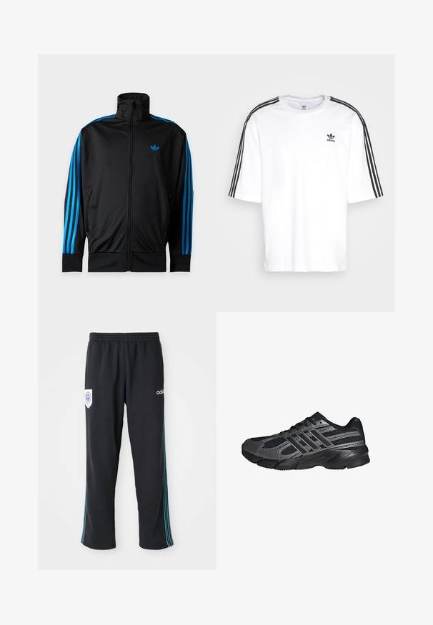 Schwarze Trainingsjacke mit Reißverschluss und hohem Kragen, blauen Streifen an den Ärmeln und kleinem blauem Adidas-Logo auf der linken Brust.; Weißes T-Shirt mit kurzen Ärmeln, schwarzen drei Streifen auf den Schultern und schwarzem Adidas-Logo auf der Brust. Aus weichem Baumwollmaterial.; Schwarze Polyester-Sporthosen mit elastischem Bund, ausgestattet mit einem blauen Streifen an der Seite und einem Logo auf der linken Vorderseite der Hüfte.; Schwarze Sportschuhe aus Netz- und synthetischem Material, mit einer strukturierten Oberfläche, mehreren grauen Streifen und einem gepolsterten Schaft.