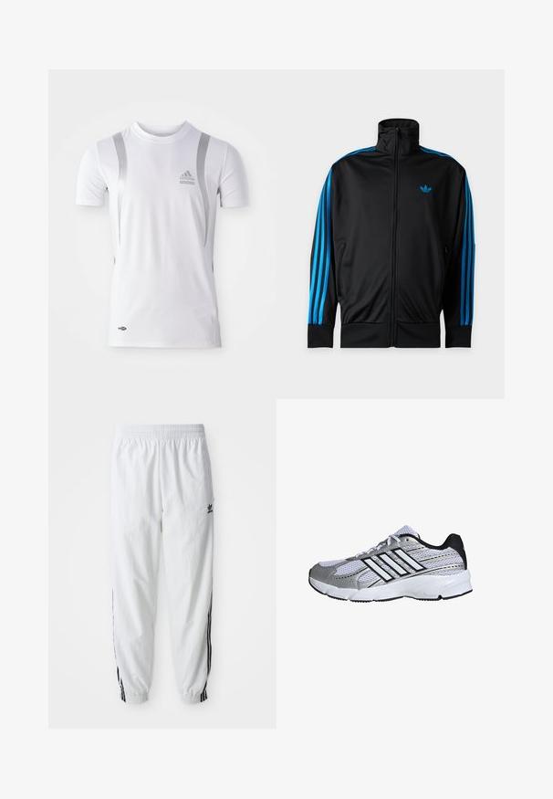 Zwarte trainingsjas met rits en hoge kraag, blauwe strepen langs de mouwen en klein blauw Adidas-logo op de linkerborst.; Wit sportshirt met korte mouwen en zilveren accenten, met een ronde hals en een Adidas-logo op de borst. Gemaakt van vochtafvoerend materiaal.; Witte sportbroek met zwarte zijstrepen, elastische tailleband en boorden; heeft het Adidas-logo op de linkerdij. Glad stoffen structuur.; Mesh sportieve schoenen in wit en zilver, met zwarte accenten, drie witte streeplogo, gevoerde kraag en een gestructureerde rubberen zool.