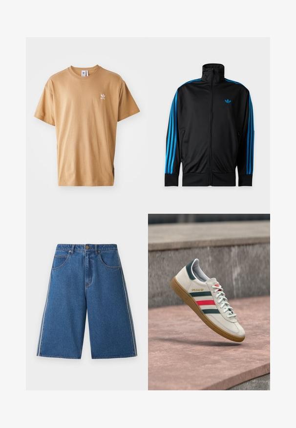 Schwarze Trainingsjacke mit Reißverschluss und hohem Kragen, blauen Streifen an den Ärmeln und kleinem blauem Adidas-Logo auf der linken Brust.; Braunes Baumwoll-T-Shirt mit Rundhalsausschnitt und kurzen Ärmeln. Mit kleinem weißem Adidas-Logo auf der linken Brust. Weicher Stoff, lässige Passform.; Blaue Denim-Shorts knielang mit Vordertaschen, Knopfverschluss, Gürtelschlaufen und weißen Seitenstreifen an jedem Bein.; Weißer Adidas Sneaker mit grünen und roten Streifen, Gummisohle und "SPEZIAL"-Branding, der über einem Steinpflaster schwebt.