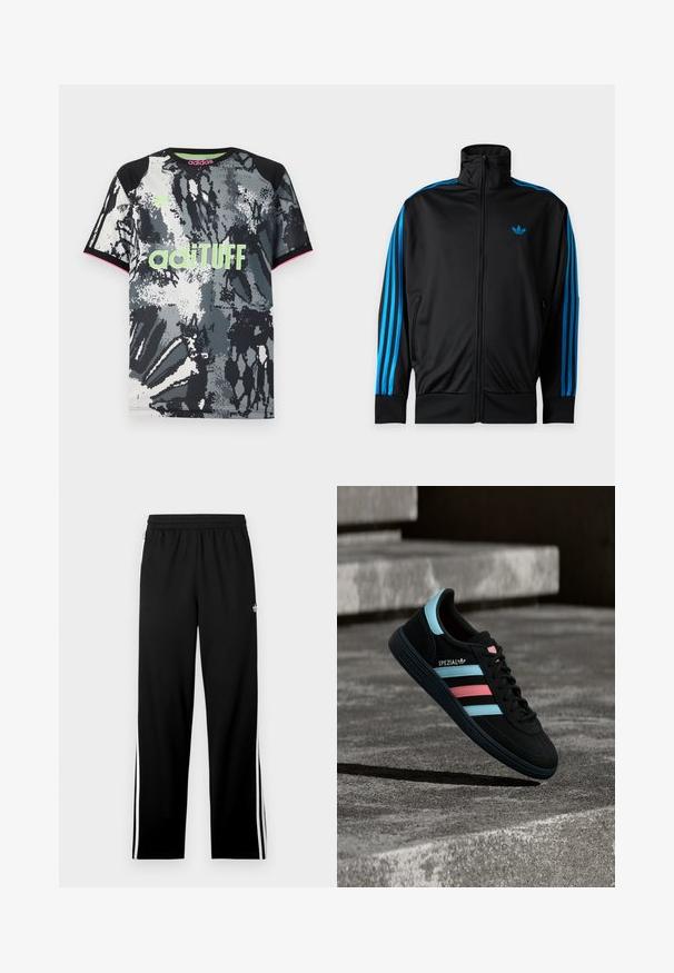 Sort træningsjakke med lynlås og høj krave, blå striber ned ad ærmerne og lille blåt Adidas-logo på venstre bryst.; Kortærmet sports T-shirt med rund hals i sort, hvid og grå abstrakt print; har neongrøn "adiTUFF" logo og lyserøde accenter.; Sorte atletikbukser lavet af mesh-stof med en lige skåret pasform, elastisk taljebånd og hvide striber i siden. Sportsslogo vist.; Sort Adidas Spezial sneaker med blå og pink striber, svævende over en tekstureret grå betonoverflade med skygge nedenunder.