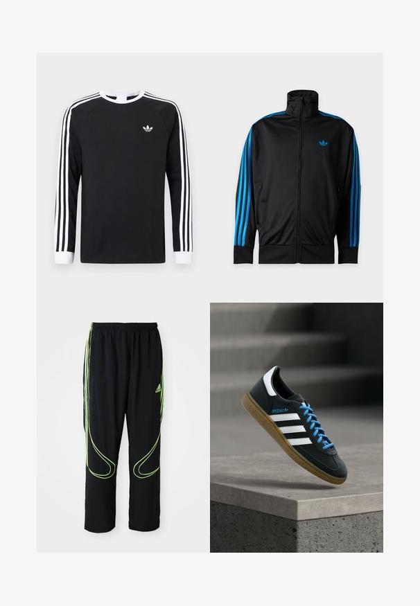 Sort træningsjakke med lynlås og høj krave, blå striber ned ad ærmerne og lille blåt Adidas-logo på venstre bryst.; Sort langærmet T-shirt med hvidt trestribet design på ærmerne. Har rund halsudskæring og et lille hvidt logo på brystet.; Sorte Adidas sportbukser med neongrønne buede linjer og tre striber på siderne, elastisk livrem og Adidas-logo på forsiden af låret.; Sort Adidas sneaker med hvide striber, blå snørebånd og gummisål, der svæver over gråt betontrin i blødt lys.