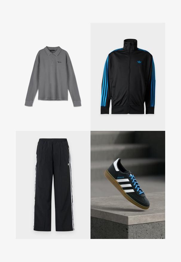 Must ZIP-kinnitusega spordijakk kõrge kraega, sinised triibud varrukatel ja väike sinine Adidas logo vasakul rinnal.; Pikem varrukaga polo särk triibulises hallis kangas. Omab kraed, kolme nupuga lipsu ja diskreetset musta brändimist rinnal.; Mustad laiad püksid valgete küljeribadega, elastse vöökohaga, esipoolsete voltidega ja Adidas logo paremal reiel.; Must Adidas toss valgete triibu, siniste paelte ja kummist tallaga, hõljuv pehme valgusega halli betoonastme kohal.