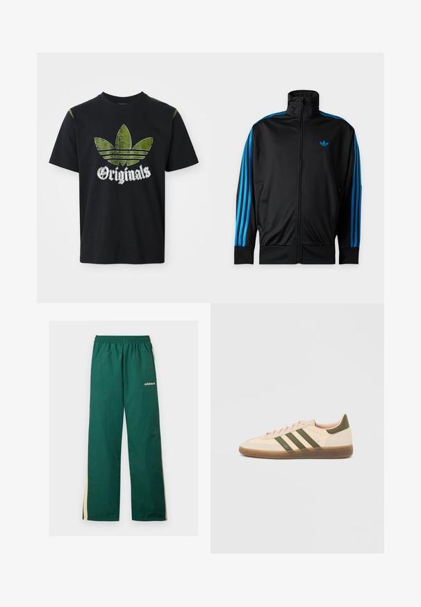 Čierna športová bunda na zips s vysokým golierom, modré pruhy na rukávoch a malým modrým logom Adidas na ľavej strane hrudi.; Čierne bavlnené tričko s roztrhnutým zeleným grafickým dizajnom so tromi pruhmi a slovom "Originals" pod ním v bielej farbe, okrúhly výstrih, krátke rukávy.; Zelené Adidas tepláky s béžovými bočnými pásikmi, elastickým pásom a bielym logom Adidas na hornej ľavej nohe.; Nízky béžový tenisky Adidas Spezial so zelenými pruhmi, gumovou podrážkou a nápisom „SPEZIAL“ na boku, zobrazené z vonkajšej strany.