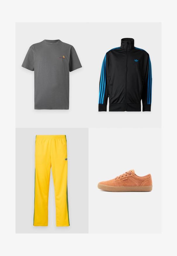 Veste de sport noire zippée avec col haut, bandes bleues sur les manches, petit logo Adidas bleu sur la poitrine gauche.; T-shirt gris à manches courtes en coton ; présente un logo subtil en orange et bordeaux sur la poitrine. Design de col rond basique.; Pantalon de sport jaune avec une ceinture élastique, présentant des bandes latérales vertes et un petit logo bleu sur la cuisse gauche. Texture de tissu lisse.; Baskets en suede beige avec une surface texturée, bout rond et semelle en caoutchouc. Comprend un design à lacets et des accents cousus sur les côtés.