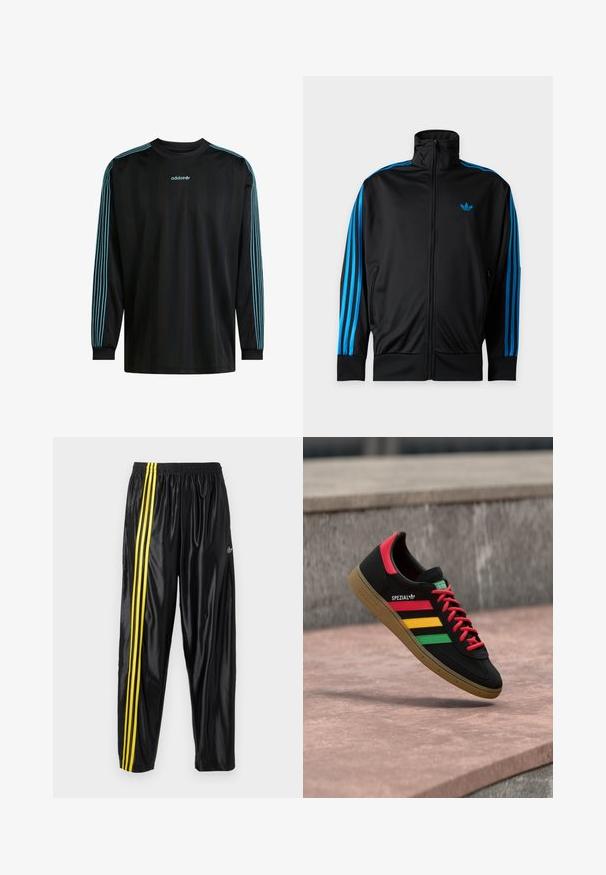 Schwarze Trainingsjacke mit Reißverschluss und hohem Kragen, blauen Streifen an den Ärmeln und kleinem blauem Adidas-Logo auf der linken Brust.; Schwarzes Langarmshirt mit geripptem Kragen, das drei türkisfarbene Streifen an jedem Ärmel und ein Adidas-Logo auf der Brust aufweist.; Schwarze Sporthosen aus glänzendem Material mit elastischem Bund, versehen mit zwei gelben Streifen an den Seiten und einem kleinen Logo.; Schwarzer Adidas Spezial Sneaker mit roten, gelben und grünen Streifen, roten Schnürsenkeln, Gummisohle und rotem Fersen-Detail, schwebend über dem Pflaster gezeigt.