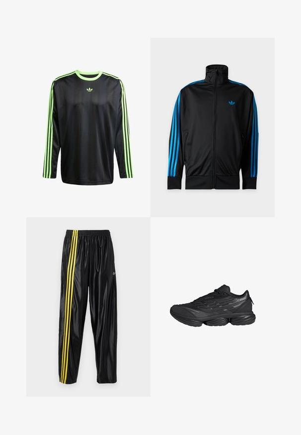 Zwarte trainingsjas met rits en hoge kraag, blauwe strepen langs de mouwen en klein blauw Adidas-logo op de linkerborst.; adidas Originals JACQ - Longsleeve - black signal green; Zwarte sportbroek van glanzend materiaal met een elastische tailleband, voorzien van twee gele strepen langs de zijkant en een klein logo.; Zwarte sportschoen met dikke gesegmenteerde zool, gestructureerd bovenwerk en vetersluiting, gezien van opzij tegen een witte achtergrond.