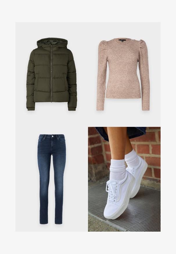 Dunkelgrüne gesteppt Jacke mit Frontreißverschluss, Kapuze, Seitentaschen und gerippten Bündchen an langen Ärmeln.; Vero Moda VMKIM UNECK - Strickpullover - beige; Dunkelblaue Skinny Jeans aus Denim, mit klassischem Fünf-Taschen-Design, Knopfverschluss und subtilen Verfärbungen an den Oberschenkeln.; Weiße Leinensneaker mit Gummisohlen, ausgestattet mit sechs Ösen, runder Zehenpartie und dezenten Nähten, kombiniert mit weißen Knöchelsocken.