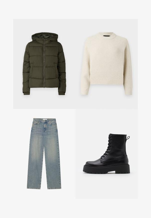 Dunkelgrüne gesteppt Jacke mit Frontreißverschluss, Kapuze, Seitentaschen und gerippten Bündchen an langen Ärmeln.; Hellbeige gestrickter Pullover mit einem gerippten Saum und texturiertem Oberteil. Verfügt über einen Rundhalsausschnitt und lange Ärmel mit einem lockeren Schnitt.; Helle blaue, hochgeschnittene, gerade geschnittene Jeans aus Denim mit Fronttaschen, Gürtelschlaufen sowie sichtbarem Knopf- und Reißverschluss.; Schwarze Lederstiefeletten mit runder Zehenpartie, Schnürung vorne und einer dicken Gummisohle mit strukturiertem Profil. Mit Zugschlaufe an der Rückseite.