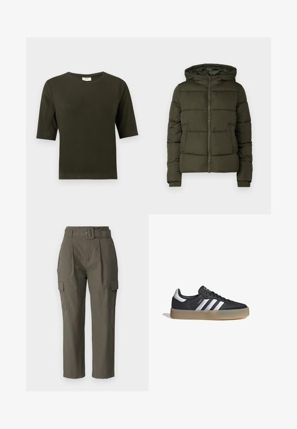 Chaqueta acolchada verde oscuro con cremallera frontal, capucha, bolsillos laterales y puños acanalados en mangas largas.; Camiseta de manga corta verde oscuro con cuello redondo, hecha de una tela suave, que presenta un diseño simple y de corte recto.; Pantalones cargo en verde oliva, hechos de tela ligera. Las características incluyen una cintura con cinturón, pliegues frontales y bolsillos laterales con cierres de solapa.; Zapatilla deportiva de cuero negro con tres rayas plateadas, punta texturizada y suela de goma. Cuenta con un collar acolchado y un diseño con cordones.