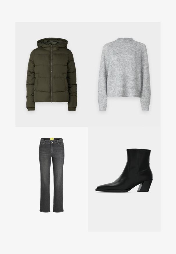 Chaqueta de plumas verde oliva con capucha, cierre de cremallera y bolsillos frontales. Presenta un diseño acolchado y puños acanalados. Textura suave.; Suéter gris claro con cuello alto, mangas largas y un corte holgado. Hecho de un tejido de punto texturizado con variaciones sutiles en el color.; Jeans de denim gris oscuro con diseño de pierna recta, estilo de cinco bolsillos y etiqueta de marca amarilla en la cinturilla. Cierre de botón metálico.; Bota de tobillo de cuero negro con punta afilada, una silueta elegante y un tacón cuadrado grueso. Textura suave con detalles de costura mínimos.