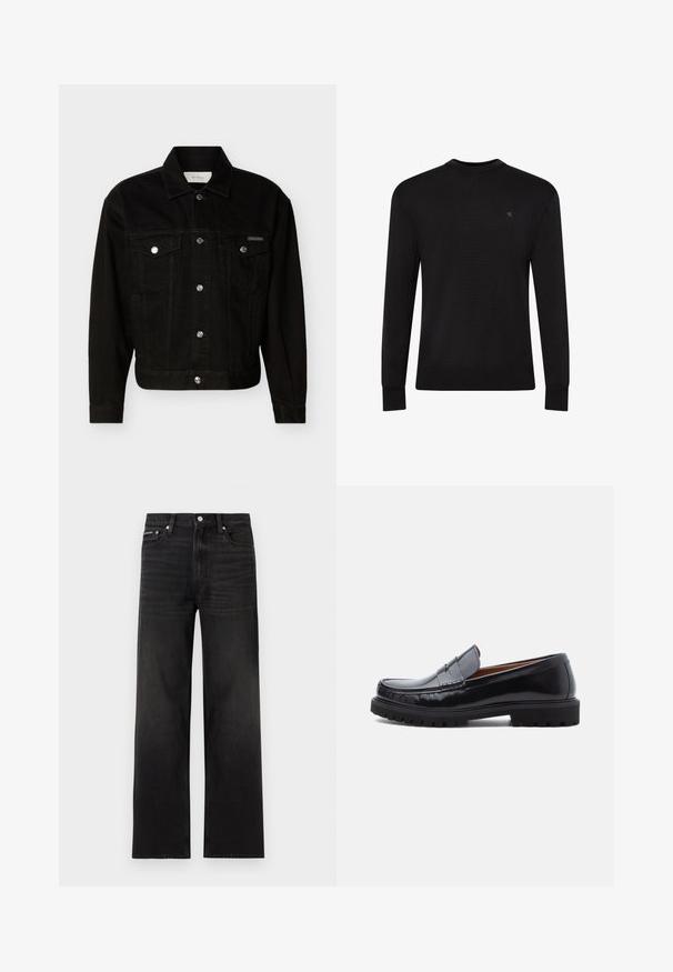 Veste en jean noire boutonnée avec deux poches à rabat sur la poitrine, manches longues et col pointu.; Pull noir à manches longues avec col rond, petit logo discret sur la partie supérieure gauche de la poitrine et poignets et bas côtelés.; Jean noir droit avec cinq poches, passants pour ceinture et fermeture par bouton, présenté sur un fond blanc.; Mocassin penny en cuir noir avec semelle en caoutchouc épaisse et couture moc toe, montré de profil sur un fond blanc.