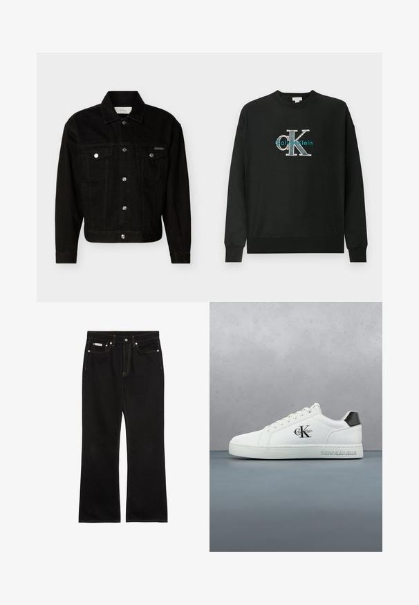 Veste en jean noire boutonnée avec deux poches à rabat sur la poitrine, manches longues et col pointu.; Sweat-shirt noir en coton, avec un col rond, des manches longues, et un logo graphique "CK" en blanc et bleu sarcelle sur la poitrine.; Jean noir droit avec coutures orange, cinq poches, fermeture par bouton, et une petite étiquette Calvin Klein sur la poche avant droite.; Baskets en cuir blanc à finition lisse, design à lacets, bout arrondi et accent talon noir contrastant. Semelle en caoutchouc offrant une bonne adhérence.