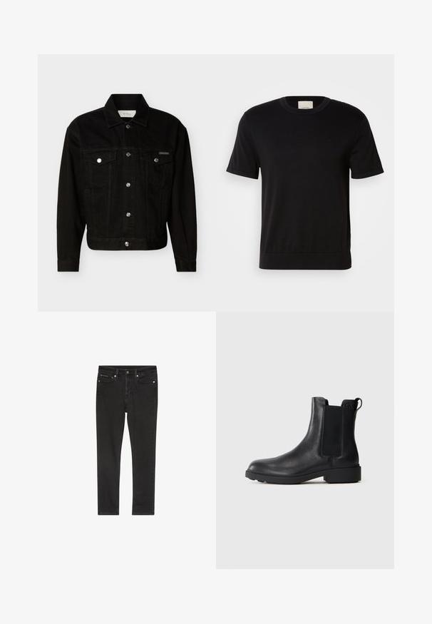 Schwarze Jeansjacke zum Knöpfen mit zwei Pattentaschen auf der Brust, langen Ärmeln und einem spitzen Kragen.; Schwarzes T-Shirt mit kurzen Ärmeln aus weicher Baumwolle. Es hat einen runden Ausschnitt, eine gerippte Textur und ein dezentes Logo-Detail auf der Brust.; Schwarze Denim-Jeans mit schmaler Passform, ausgestattet mit vier Taschen, einem Metallknopfverschluss und leichten Used-Details. Glatte Textur und klassisches Design.; Schwarze Leder-Stiefelette mit elastischen Seiteneinsätzen, Zugschlaufe an der Ferse und niedrigem Blockabsatz vor einem schlichten Hintergrund.