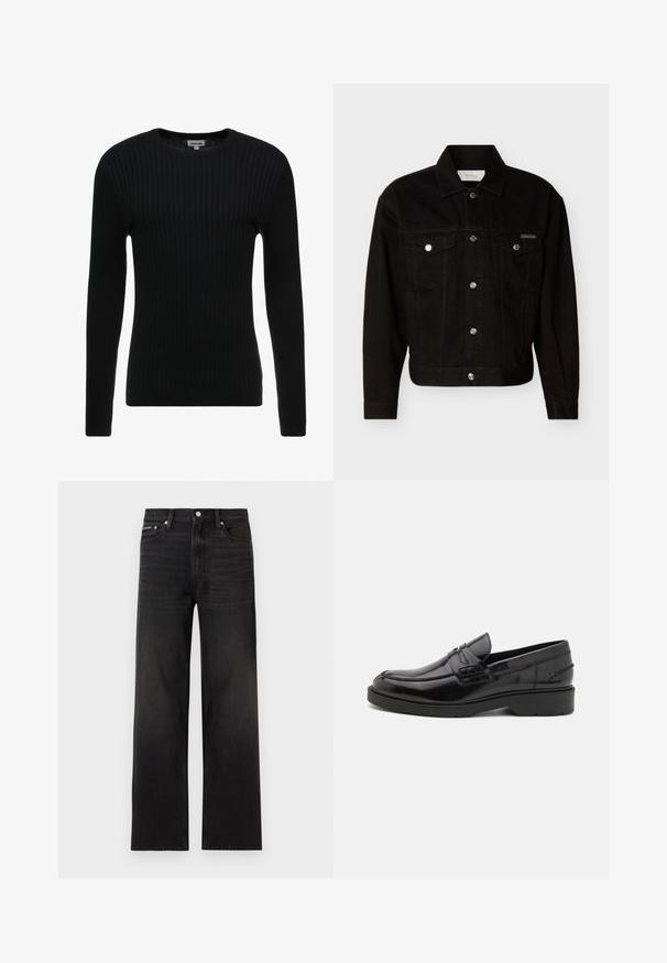 Veste en jean noire boutonnée avec deux poches à rabat sur la poitrine, manches longues et col pointu.; Pull noir à manches longues en côte avec un col rond ; le tissu texturé présente des lignes verticales ; silhouette ajustée ; sans embellissements ni accents visibles.; Jean noir droit avec cinq poches, passants pour ceinture et fermeture par bouton, présenté sur un fond blanc.; Mocassins en cuir noir avec une finition lisse, un bout rond, un petit talon et descoutures décoratives à l'avant. Semelle en caoutchouc pour l'adhérence.