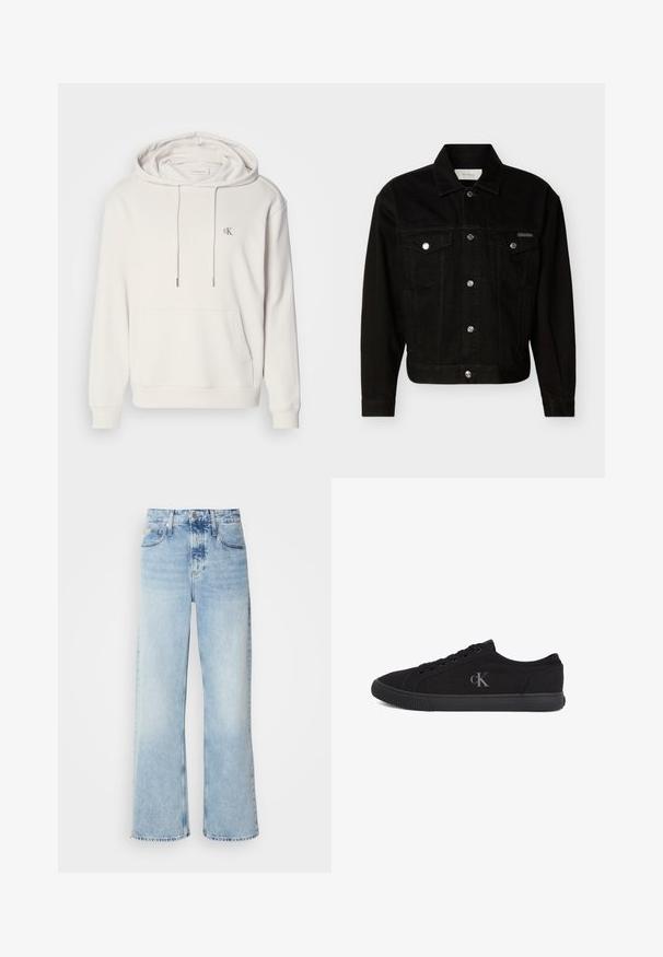 Chaqueta vaquera negra abotonada con dos bolsillos de solapa en el pecho, mangas largas y cuello puntiagudo.; Sudadera con capucha de color beige claro, con un bolsillo tipo canguro, capucha ajustable con cordón, puños acanalados y un pequeño logotipo bordado en el pecho.; Vaqueros de pierna ancha en azul claro con una alta cintura, que presentan un acabado desgastado, cinturillas y un clásico diseño de cinco bolsillos. El dobladillo es sin acabar.; Zapatilla negra de corte bajo con cierre de cordones, suela de goma y logo "cK" gris en el lateral, vista desde el lado exterior.