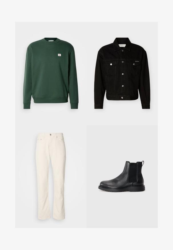 Zwarte denim jas met knopen, twee klepzakken op de borst, lange mouwen en een puntige kraag.; Groene sweatshirt van katoenmix, met een ronde hals en geribde manchetten. Kleine logo patch op de borst. Soepele textuur.; Beige katoenen jeans met een klassiek recht model, met een knoopsluiting aan de voorkant, vijf zakken en subtiele stikdetails.; Zwarte leren Chelsea boots met een gestructureerde afwerking, elastische zijpanelen en een stevige rubberen zool. Subtiele branding op de hiel.