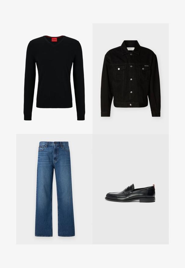 Veste en jean noire boutonnée avec deux poches à rabat sur la poitrine, manches longues et col pointu.; HUGO SAN VREDO - Pullover - black; Jean bleu à taille haute et coupe droite, avec bouton et fermeture éclair à l'avant, cinq poches, et un petit patch de marque sur la poche droite.; Mocassins en cuir noir au design élégant, à bout arrondi, avec une texture sur le devant et une semelle en caoutchouc pour une meilleure adhérence. Équipés d'une tirette à l'arrière.