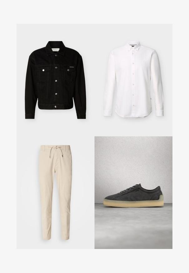 Sort denimjakke med knapper foran, to brystlommer med klap, lange ærmer og spids krave.; Hvid langærmet skjorte med knapper og knapbundne krave samt lille broderet logo på venstre bryst.; Lys beige bukser med en glat stoftekstur, elastisk talje og justerbar snor. Taperet ben-design. Ingen synlige mønstre.; Mørkegrå ruskindsneakers med lys beige sål og grå snørebånd, svævende over en poleret betongulv ved en væg af glastavler.