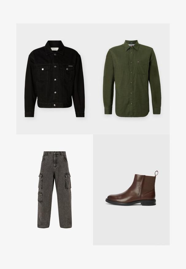 Zwarte denim jas met knopen, twee klepzakken op de borst, lange mouwen en een puntige kraag.; Groene button-up overhemd met lange mouwen, gemaakt van textuurstof. Heeft een borstzak en een klein logo op de borst.; Karl Kani OG BAGGY - Relaxed fit jeans - grey; Bruine leren enkelboot met elastische zijpanelen, ronde neus en een lage zwarte hak. Voorzien van een treklus voor gemakkelijk aan- en uittrekken.