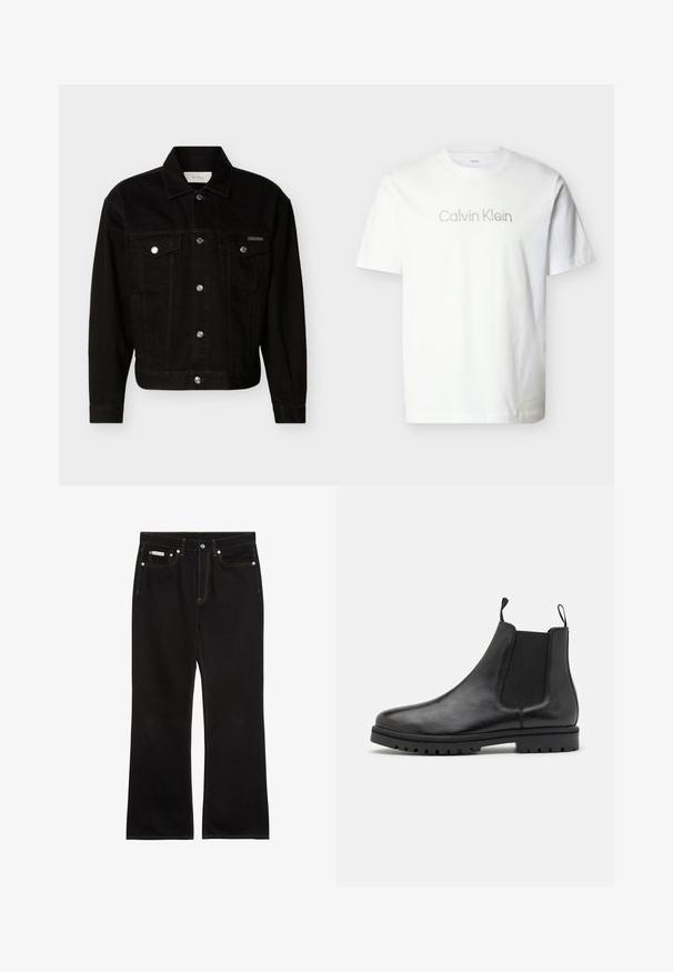 Veste en jean noire boutonnée avec deux poches à rabat sur la poitrine, manches longues et col pointu.; T-shirt blanc à manches courtes en coton, avec un logo "Calvin Klein" gris sur la poitrine en police minimaliste.; Jean noir droit avec coutures orange, cinq poches, fermeture par bouton, et une petite étiquette Calvin Klein sur la poche avant droite.; Bottines Chelsea en cuir noir avec des panneaux latéraux élastiques, des languettes de tirage et une semelle en caoutchouc texturé avec un motif de semelle.