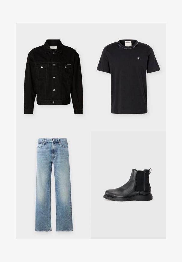 Sort denimjakke med knapper foran, to brystlommer med klap, lange ærmer og spids krave.; Sort T-shirt med korte ærmer og rund hals, med lille hvidt "cK"-logo på venstre bryst, klassisk pasform, ensfarvet design.; Lyseblå denim jeans med lige ben, højt talje, fem lommer, knaplukning og diskrete falmede områder på lår og knæ.; Sorte læder chelsea støvler med tekstureret finish, elastiske sidepaneler og en robust gummisål. Subtil branding på hælen.