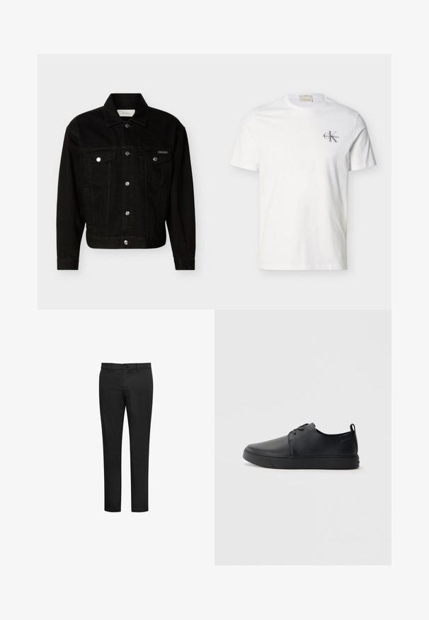 Chaqueta vaquera negra abotonada con dos bolsillos de solapa en el pecho, mangas largas y cuello puntiagudo.; Camiseta de algodón blanca de manga corta con pequeño logo gris de "Calvin Klein" en el pecho izquierdo, cuello redondo y corte regular.; Pantalones negros fabricados con una mezcla de algodón, con un diseño de corte ajustado, parte delantera plana y cierre con botón. Sin patrones ni detalles visibles.; Zapatilla negra de cuero con acabado suave, punta redondeada, costuras a tono, cordones en la parte delantera y suela de goma plana. Asa en el talón.