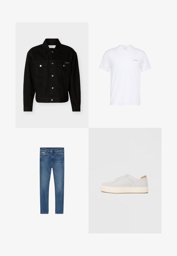 Sort denimjakke med knapper foran, to brystlommer med klap, lange ærmer og spids krave.; Hvid T-shirt med korte ærmer og rund hals med lille sort Calvin Klein-logo på venstre bryst.; Blå denim jeans med en tætsiddende pasform, fem lommer, knap lukning og subtil falmning på lårene og knæene.; Lys grå sneakers med en glat syntetisk overdel, rund tå og en struktureret crème mellemsål. Lysebrune accenter på hælen.