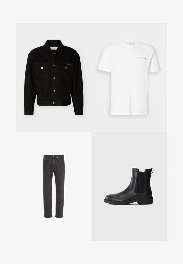 Veste en jean noire boutonnée avec deux poches à rabat sur la poitrine, manches longues et col pointu.; T-shirt en coton blanc à manches courtes et col rond. Présente un petit logo noir "Calvin Klein" sur la poitrine gauche.; Jean en denim noir à coupe droite avec fermeture avant par bouton et zip, poches avant et arrière, présenté sur fond blanc.; Bottine noire en cuir avec des panneaux élastiques sur les côtés, une languette au talon, et un petit talon bloc sur fond uni.