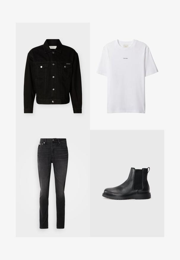 Zwarte denim jas met knopen, twee klepzakken op de borst, lange mouwen en een puntige kraag.; Witte katoenen T-shirt met een ronde hals en korte mouwen. Heeft een klein zwart "Calvin Klein"-logo in het midden van de borst.; Zwarte denim jeans met een slim fit, vijf zakken ontwerp en knoopsluiting. Kenmerkt zich door een subtiele vervaging en stikselaccenten op de zakken.; Zwarte leren Chelsea boots met een gestructureerde afwerking, elastische zijpanelen en een stevige rubberen zool. Subtiele branding op de hiel.