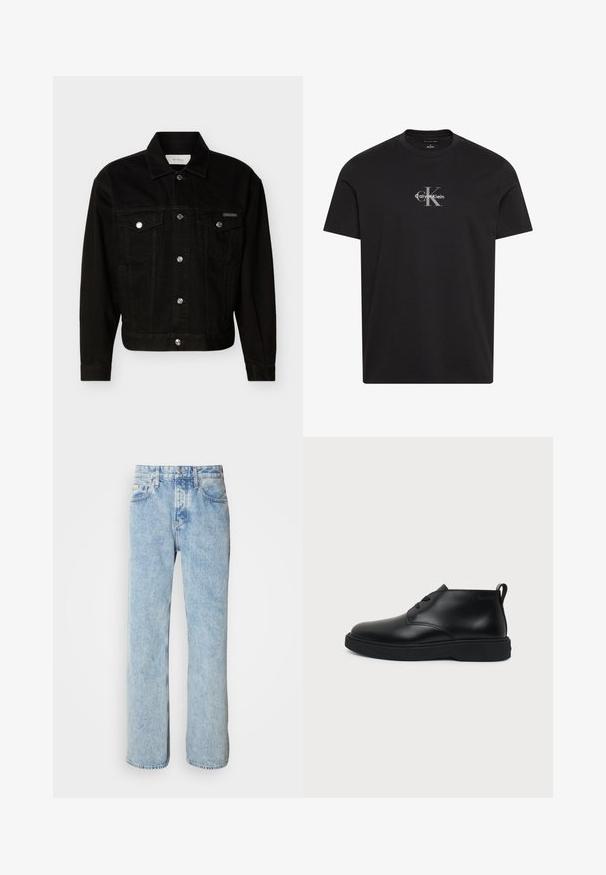 Zwarte denim jas met knopen, twee klepzakken op de borst, lange mouwen en een puntige kraag.; Zwart T-shirt met korte mouwen en ronde hals, met een gecentreerd grijs "cK" logo en witte "Calvin Klein" tekst op de borst.; Lichtblauwe spijkerbroek met een rechte snit, een vijf-pocket ontwerp en zichtbare stiksels. Klassieke tailleband met knoopsluiting.; Zwarte leren enkelhoge veterschoen met dikke rubberen zool en trekhaak bij de hiel, getoond in zijprofiel op een effen achtergrond.
