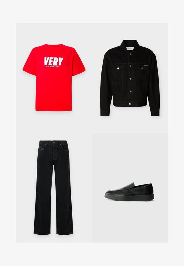 Schwarze Jeansjacke zum Knöpfen mit zwei Pattentaschen auf der Brust, langen Ärmeln und einem spitzen Kragen.; Rotes T-Shirt mit kurzen Ärmeln, auf der Brust in großen weißen Buchstaben "VERY" und darunter in kleineren weißen Buchstaben "CALVIN KLEIN".; Schwarze Jeans aus Denim mit weitem Bein und klassischem Fünf-Taschen-Design, versehen mit einer Knopfverschlus und dezentem, ausgewaschenem Look.; Calvin Klein HYBRID CUP - Slipper - triple black