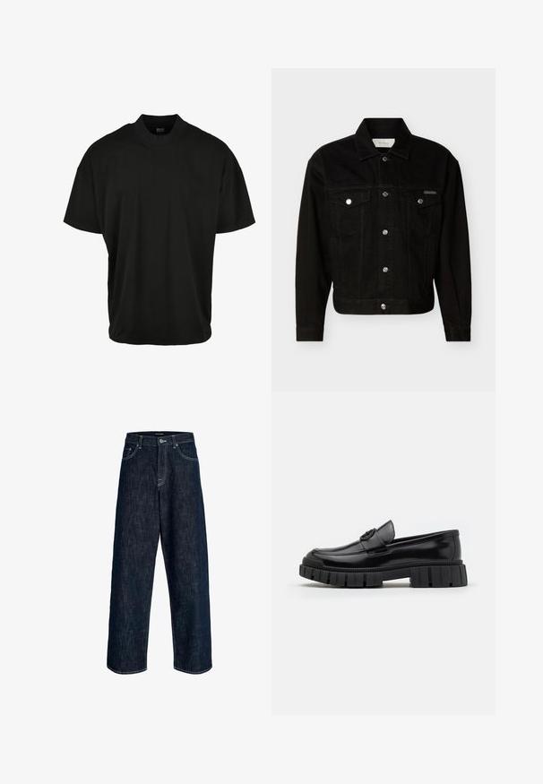 Chaqueta vaquera negra abotonada con dos bolsillos de solapa en el pecho, mangas largas y cuello puntiagudo.; Camiseta de manga corta negra con diseño de cuello redondo, hecha de tela suave, que presenta un ajuste relajado y sin patrones o acentos visibles.; Vaqueros de mezclilla azul oscuro de corte recto con botón frontal y bolsillos, costuras blancas visibles en las uniones y bordes.; Mocasines de cuero negro con suelas de goma gruesas y estriadas. Presentan una puntera redondeada y una correa decorativa con un acento de logo. Textura lisa.