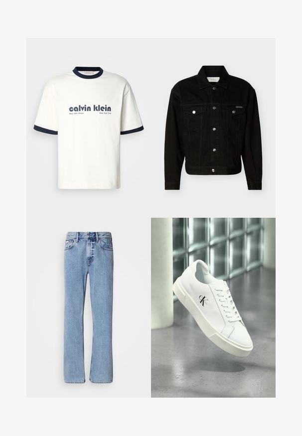 Zwarte denim jas met knopen, twee klepzakken op de borst, lange mouwen en een puntige kraag.; Witte katoenen T-shirt met marineblauwe geribbelde kraag en mouwen. Voorzien van vetgedrukte zwarte tekst: "calvin klein West 39th Street New York City."; Lichtblauwe denim jeans met een recht ontwerp, vijf zakken en een knoopsluiting. Stikdetails nabij de zakken en de tailleband.; Witte Calvin Klein sneaker met veters, zwevend getoond boven een gepolijste betonnen vloer en een achtergrond van glasblokken.