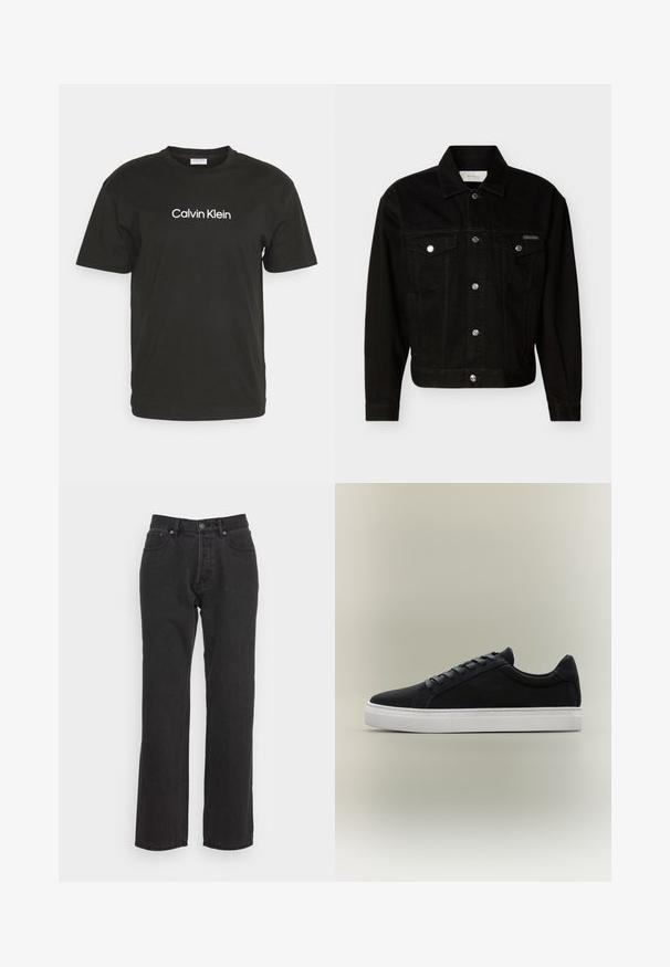 Zwarte denim jas met knopen, twee klepzakken op de borst, lange mouwen en een puntige kraag.; Zwarte katoenen t-shirt met een ronde halslijn en korte mouwen, met het logo "Calvin Klein" in het wit gedrukt op de voorkant.; Zwarte denim jeans met een rechtzijdig ontwerp, voorzien van een voorste knoopsluiting, riemlussen en twee zijzakken. Gestructureerde stof.; Zwarte lage sneaker met witte rubberen zool, vetersluiting en gevoerde kraag, weergegeven tegen een neutrale grijze achtergrond.