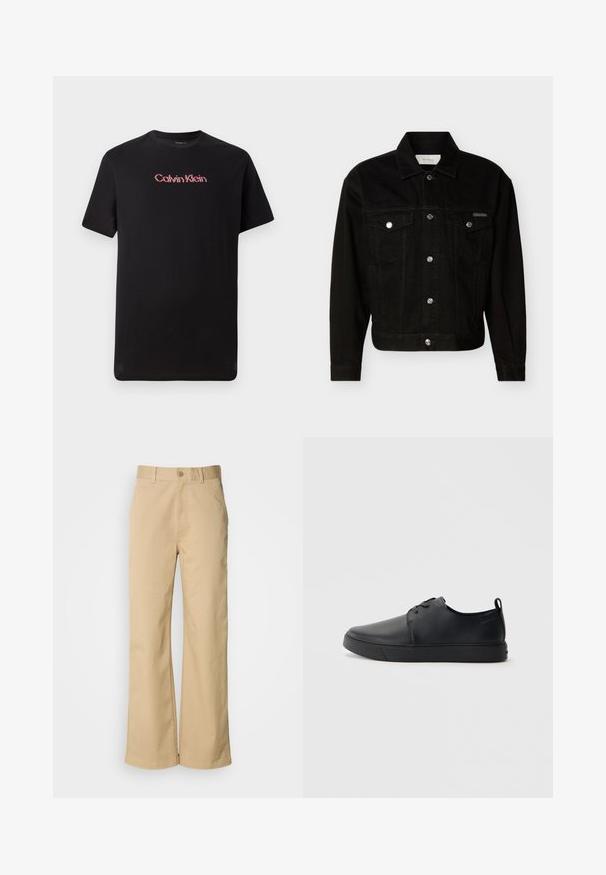 Sort denimjakke med knapper foran, to brystlommer med klap, lange ærmer og spids krave.; Sort kortærmet t-shirt lavet af bomuld, med et centralt Calvin Klein-logo i rød og hvid, med rund halsudskæring og afslappet pasform.; Beige, vidde bukser lavet af en bomuldsblanding. Har en knaplukning og bæltestropper. Glat tekstur med minimale syninger.; Sorte lædersneakers med en glat finish, rund tå, tonalt syning, snøring foran og en flad gummisål. Løkke ved hælen.