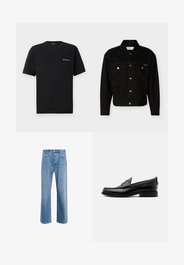 Sort denimjakke med knapper foran, to brystlommer med klap, lange ærmer og spids krave.; Sort kortærmet T-shirt med rund halsudskæring og lille hvid "BELSTAFF" logo på venstre bryst mod en ensfarvet baggrund.; Lyseblå denim jeans med lige ben-design, fem lommer, knaplukning, minimal falming og kontraststingdetaljer.; Sort læder herre loafer med moc-tå syning, penny strop, struktureret krave og lav stablet hæl på hvid baggrund.