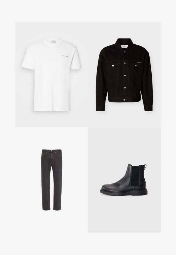 Chaqueta vaquera negra abotonada con dos bolsillos de solapa en el pecho, mangas largas y cuello puntiagudo.; Camiseta de algodón blanca con mangas cortas y un escote en forma de cuello redondo. Presenta un pequeño logotipo negro de "Calvin Klein" en el lado izquierdo del pecho.; Vaqueros negros de corte recto con cierre delantero de botón y cremallera, bolsillos delanteros y traseros, mostrados sobre fondo blanco.; Botas Chelsea de cuero negro con acabado texturizado, paneles laterales elásticos y una suela de goma resistente. Marca sutil en el talón.
