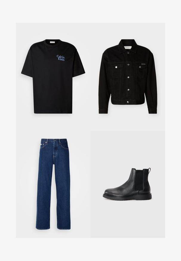 Mustast teksast nööbitav jakk kahe rinnatasku, pikkade varrukate ja terava kraega.; Must must T-särk, millel on mugav lõige, lühikesed varrukad ja sinine tikand "Calvin Klein" logo rinnaesisel.; Tumedat sinised teksapüksid laia säärega, millel on nupulehe ja klassikaline viie taskuga stiil. Kangas on sileda tekstuuriga.; Mustad mustad Chelsea saapad, millel on tekstuuriga viimistlus, elastsed külgtaskud ja vastupidav kummist tald. Discreetne bränding kontsapuntšel.