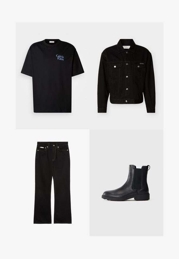 Schwarze Jeansjacke zum Knöpfen mit zwei Pattentaschen auf der Brust, langen Ärmeln und einem spitzen Kragen.; Schwarzes Baumwoll-T-Shirt mit entspanntem Schnitt, kurzen Ärmeln und einem blauen gestickten "Calvin Klein"-Logo auf der Brust.; Schwarze Jeans mit geradem Bein, oranger Naht, fünf Taschen, Knopfverschluss und kleinem Calvin Klein-Label auf der vorderen rechten Tasche.; Schwarze Leder-Stiefelette mit elastischen Seiteneinsätzen, Zugschlaufe an der Ferse und niedrigem Blockabsatz vor einem schlichten Hintergrund.
