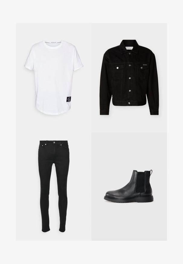 Sort denimjakke med knapper foran, to brystlommer med klap, lange ærmer og spids krave.; Hvid bomulds T-shirt med rullede korte ærmer, afrundet kant og et sort logo-tag med "CK" i nederste venstre hjørne.; Sorte skinny jeans lavet af denim med en glat tekstur, der har fem lommer og lukning med metalknap. Simple design uden mønstre.; Sorte læder chelsea støvler med tekstureret finish, elastiske sidepaneler og en robust gummisål. Subtil branding på hælen.