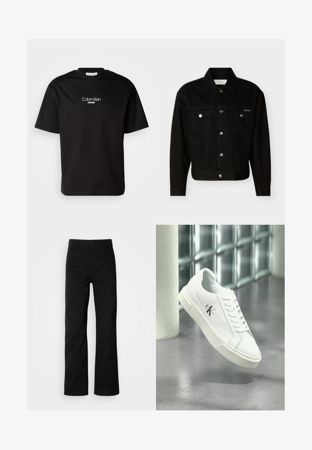 Sort denimjakke med knapper foran, to brystlommer med klap, lange ærmer og spids krave.; Sort bomulds t-shirt med rund hals, korte ærmer og hvid "Calvin Klein JEANS" logo på forsiden. Simpel og lige skåret design.; Sort bomuldsbukser med lige ben, der har knaplukning og bæltestropper. Glat tekstur og minimalistisk stil uden synlige mønstre.; Hvid Calvin Klein sneaker med snørebånd, vist svævende over en poleret betongulv og en baggrund af glasblokke.