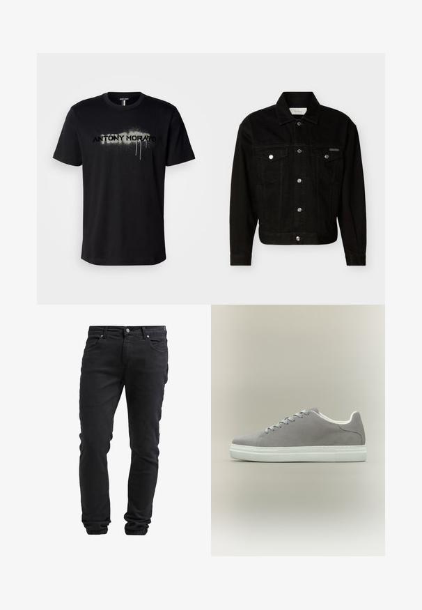 Zwarte denim jas met knopen, twee klepzakken op de borst, lange mouwen en een puntige kraag.; Zwarte katoenen t-shirt met een gespoten tekstgrafiek "ANTONY MORATO" in grijs met druipende details, korte mouwen en een ronde hals.; Zwarte slim-fit jeans met knoop- en ritssluiting, vijf zakken en elastische boorden bij de enkels.; Grijze suède sneaker met witte rubberen zool en veters, voorzien van een laag uitgesneden ontwerp en een gladde textuur. Minimalistische stijl zonder zichtbare logo's.