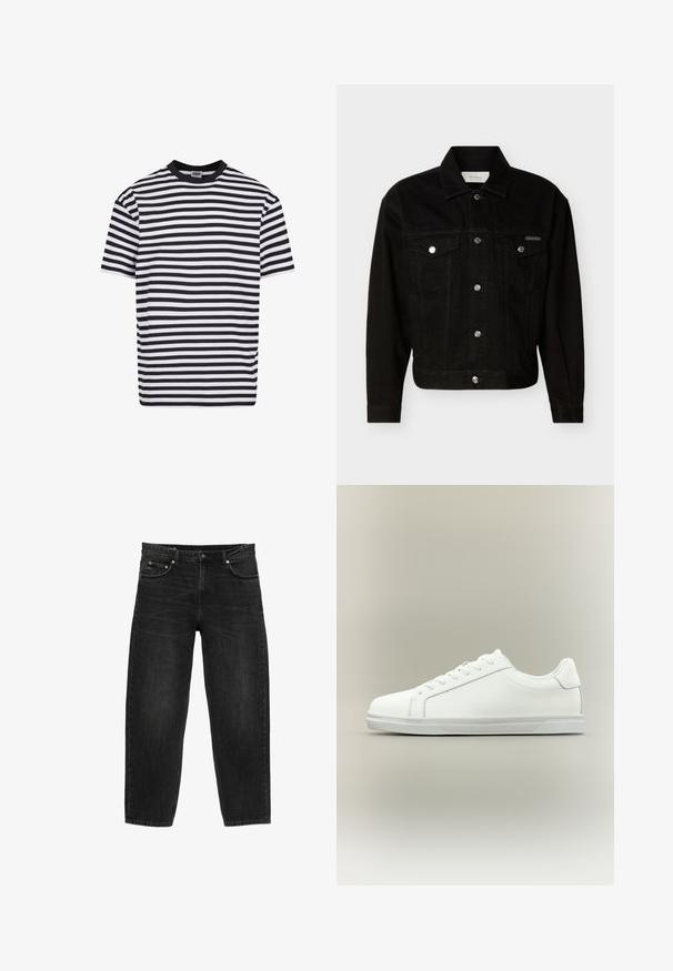 Sort denimjakke med knapper foran, to brystlommer med klap, lange ærmer og spids krave.; Sort og hvid horisontalt stribet kortærmet t-shirt med en sort krave, mærket Urban Classics, størrelse medium.; Sort denimjeans med lige ben, design med fem lommer, knaplukning og bæltestropper, vist fladt på en hvid baggrund.; Lavtop hvid sneaker med snørelukning foran og tekstureret gummisål mod en ensartet neutral baggrund.