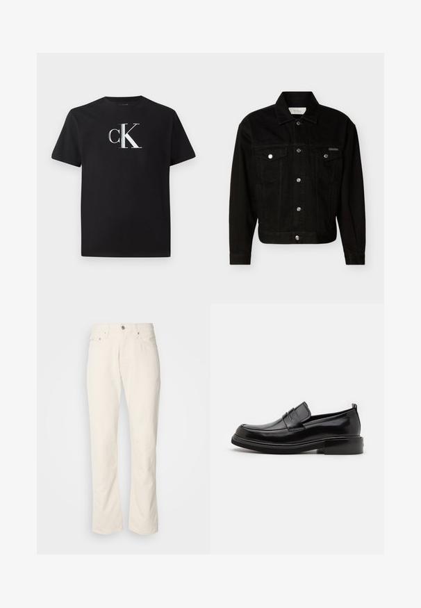 Zwarte denim jas met knopen, twee klepzakken op de borst, lange mouwen en een puntige kraag.; Zwarte katoenen t-shirt met een zilveren "ck" logo aan de voorkant. Korte mouwen en een ronde halslijn met een normale pasvorm.; Beige katoenen jeans met een klassiek recht model, met een knoopsluiting aan de voorkant, vijf zakken en subtiele stikdetails.; Calvin Klein MOCCASIN - Zakelijke loafers - black