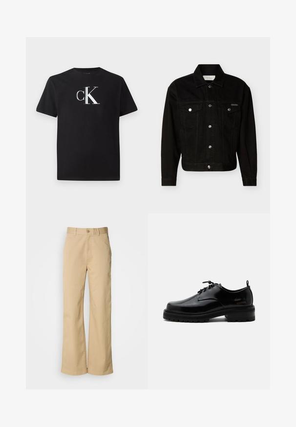 Schwarze Jeansjacke zum Knöpfen mit zwei Pattentaschen auf der Brust, langen Ärmeln und einem spitzen Kragen.; Schwarzes Baumwoll-T-Shirt mit einem silbernen "ck"-Logo auf der Vorderseite. Kurzärmlig und mit einem runden Halsausschnitt in regulärer Passform.; Beige, weit geschnittene Hosen aus einer Baumwollmischung. Mit einem Knopfverschluss und Gürtelschlaufen. Glatte Textur mit minimalen Nähten.; Schwarzer polierter Lederschnürschuh mit dicker Gummisohle und niedrigem Absatz, seitlichem Marken-Schriftzug "SAMSOE" und hinterer Zuglasche.
