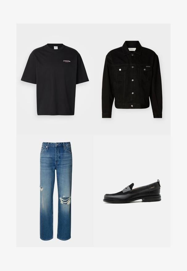 Schwarze Jeansjacke zum Knöpfen mit zwei Pattentaschen auf der Brust, langen Ärmeln und einem spitzen Kragen.; Schwarzes Baumwoll-T-Shirt mit lockerer Passform, kurzen Ärmeln und einem weißen Calvin Klein-Logo auf der Brust gedruckt. Glatte Textur, Rundhalsausschnitt.; Helle blaue Denim-Jeans mit hoher Taille, geradem Bein und ausgefransten Rissen an beiden Knien. Mit klassischem Fünf-Taschen-Design und Knopfverschluss.; Schwarzer Lederloafer mit grauem Riemendetail, niedrigem Absatz und strukturierter Sohle, seitlich mit „HUGO“ in Gold gebrandmarkt.