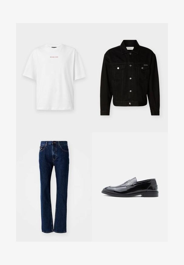 Sort denimjakke med knapper foran, to brystlommer med klap, lange ærmer og spids krave.; Hvid kortærmet t-shirt med rund hals og lille rød "MICHAEL KORS" tekst centreret på brystet.; Mørkeblå denimjeans med lige ben-design, der har to forlommer og en knaplukning. Diskrete syninger.; Sorte loafers i laklæder med en glat finish, rundet tå og dekorativ remdetalje, med lav profil og gummisål.