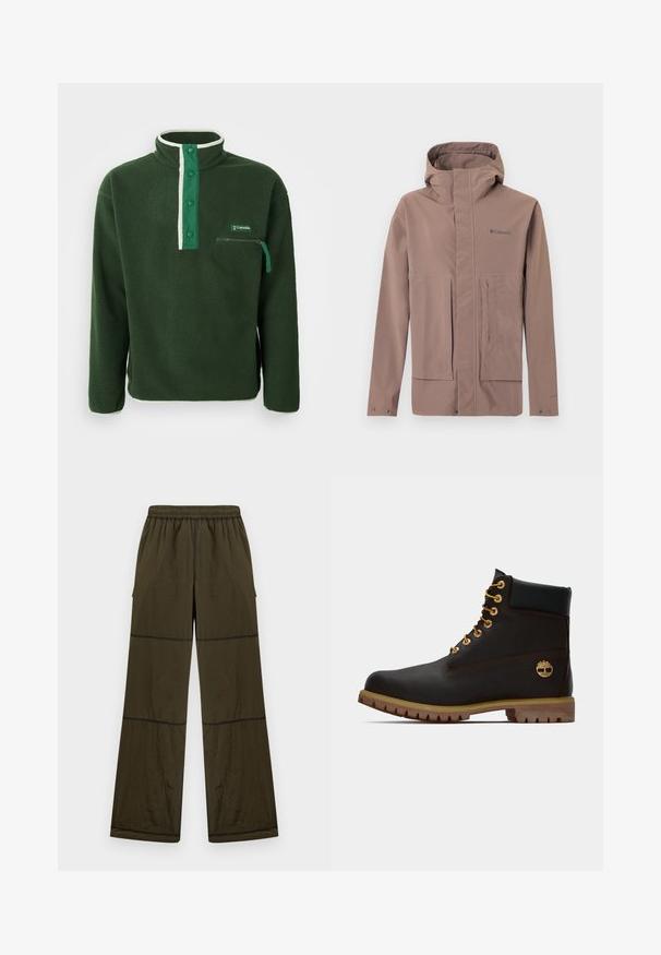Taupekleurig waterdicht jack met capuchon, een rits aan de voorkant met klep, twee grote voorzakken en het Columbia-logo op de borst.; Groene fleece pullover met een hoge kraag, voorzien van een contrasterende witte rits, drukknoopjes en een ritszak op de borst. Gelaagd stof.; Loszittende donker olijfgroene broek met elastische tailleband, zichtbare naaddetails en zijzakken, afgebeeld tegen een effen lichte achtergrond.; Zwarte leren enkellaars met gouden oogjes, bruine accenten en een rubberen zool. Heeft een gevoerde kraag en geperst logo aan de zijkant.