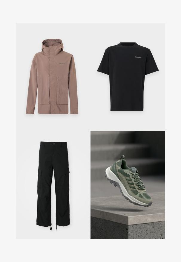 Veste imperméable taupe avec capuche, fermeture éclair à l'avant avec rabat, deux grandes poches frontales, et logo Columbia sur la poitrine.; T-shirt en coton noir à manches courtes, col rond, avec un petit logo Timberland près de la poitrine. Texture lisse, coupe standard.; Pantalons cargo noirs en tissu durable, comportant deux poches latérales, une fermeture à bouton et des ourlets ajustables pour un look décontracté et ample.; Chaussure de trail Merrell verte et grise suspendue au-dessus d'une bordure en béton, avec une semelle texturée et une tige en mesh.